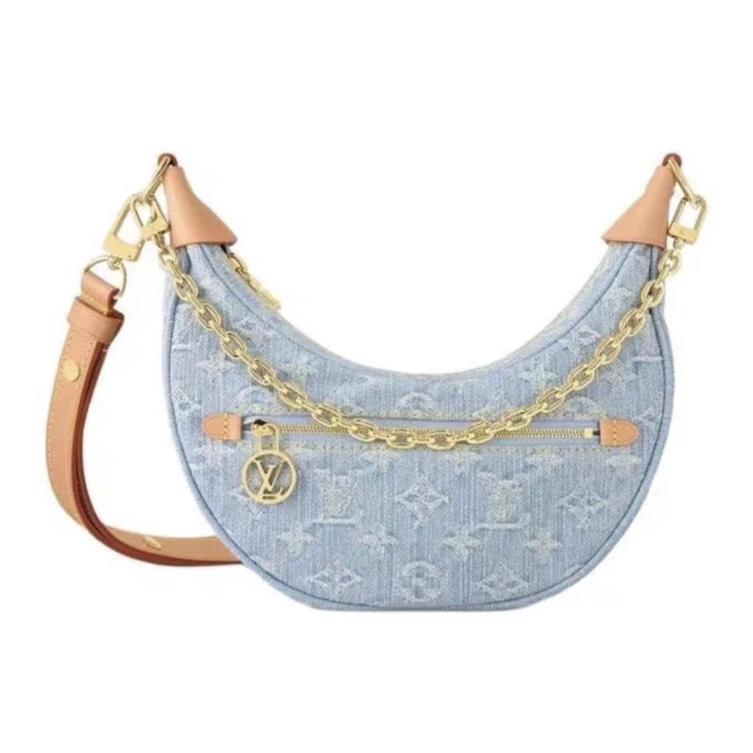 99新 Prada/普拉达 单宁牛仔月亮豌豆手提单肩包