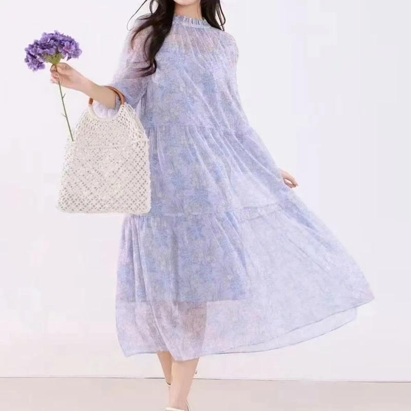 【商场同款】2025新款时尚法式浪漫温柔减龄木耳领中袖印花连衣裙