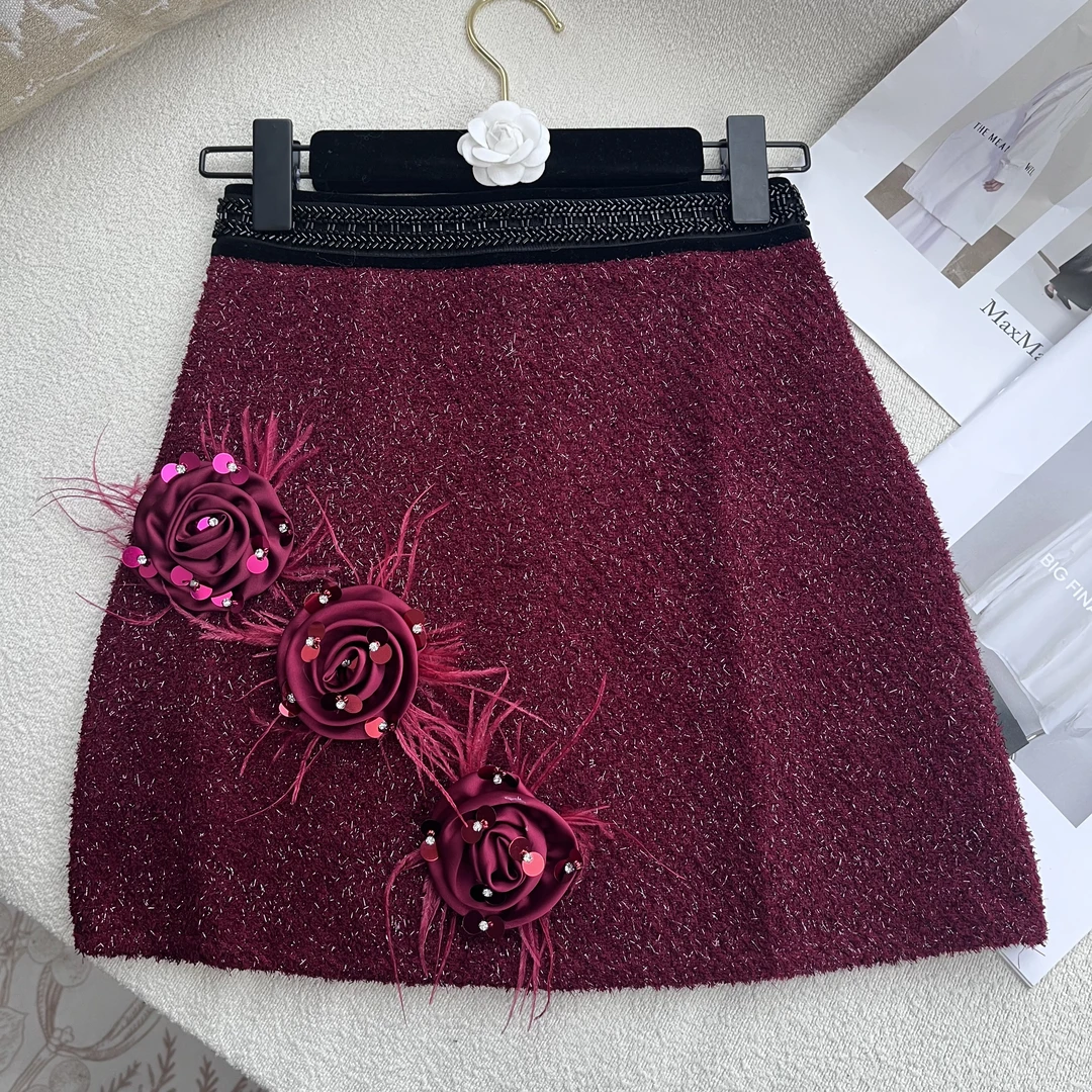 清仓福利【漫夭】高级感重工钉珠立体玫瑰花粗呢闪闪a字短裙