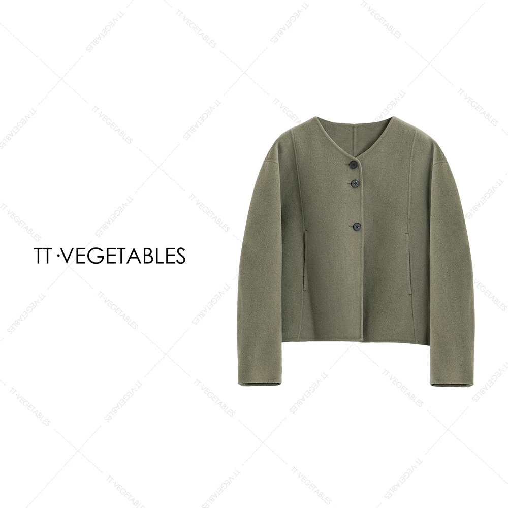 噢芬/小个子 【栖谷】休闲毛呢外套圆领上衣短款大衣521067