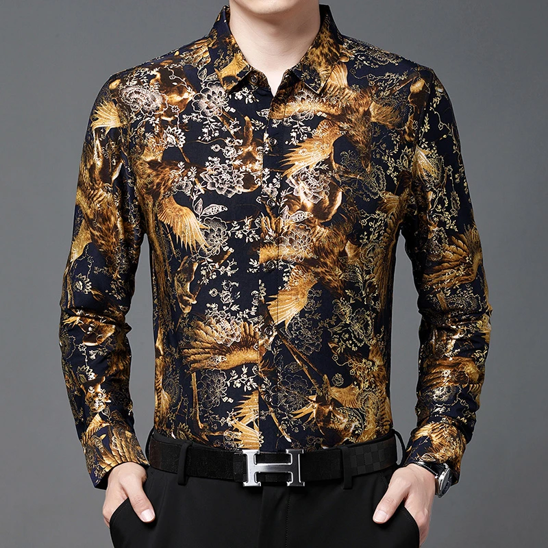 春夏薄款男士长袖印花衬衫弹力冰丝长袖衬衣休闲时尚老鹰碎花烫金