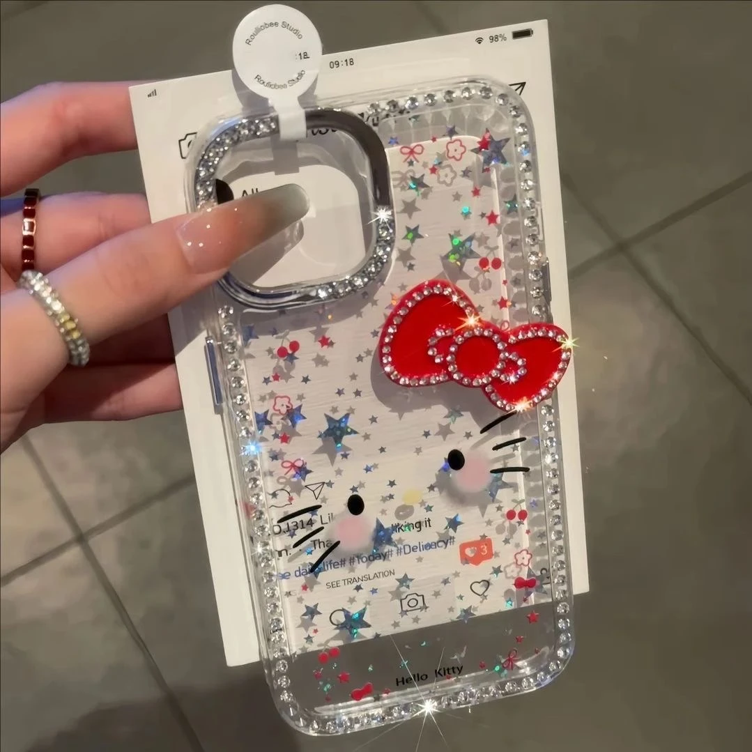 乐宇斯樱桃KT表情红蝴蝶结适用苹果16/15promax闪粉手机壳14/13套