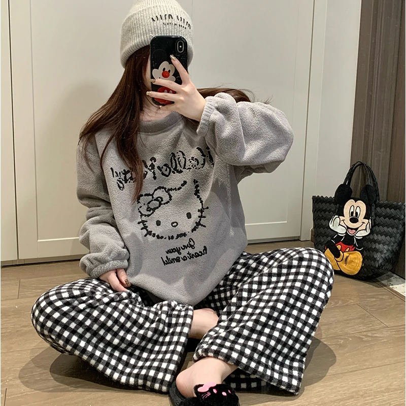 米粒绒网红睡衣女款冬季长袖加绒加厚保暖格子可爱KT猫家居服套装