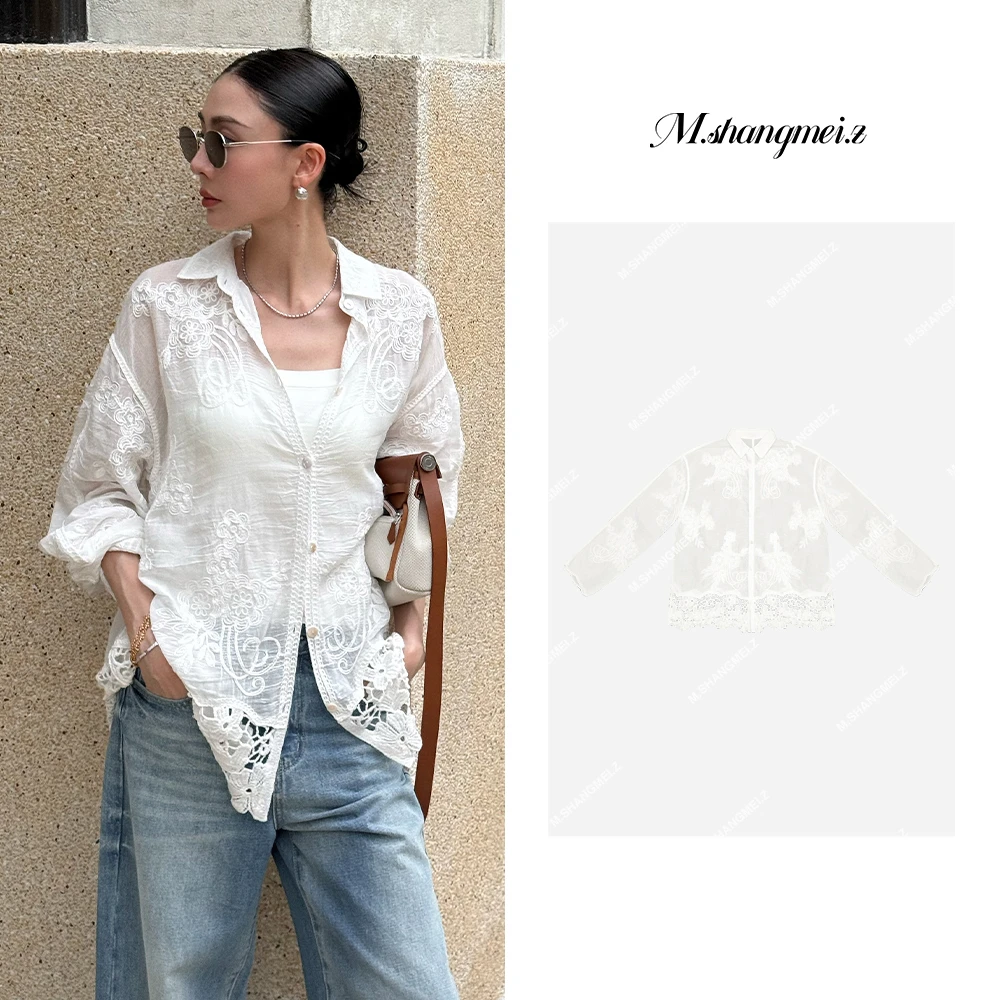 M.SHANGMEI.Z/沐熙【香榭丽舍】美大哥蕾丝拼接刺绣防晒衬衫X042403