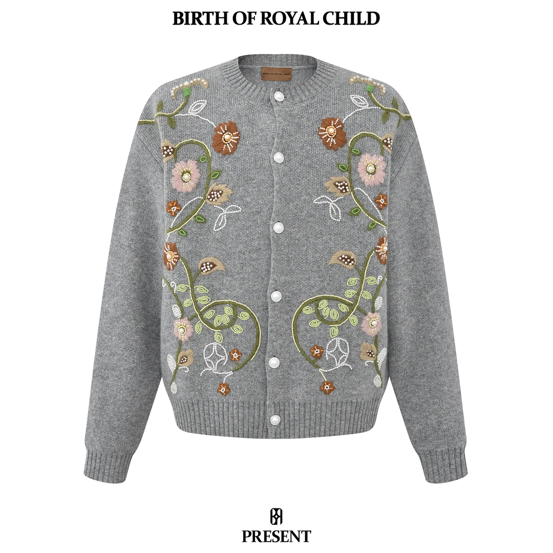 BIRTH OF ROYAL CHILD.BORC 手绣花卉珍珠开衫男羊毛开衫针织百搭