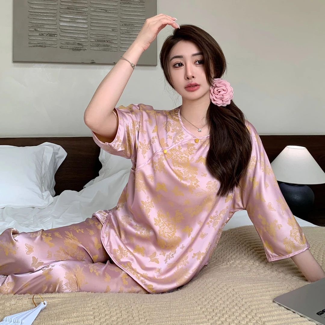 睡衣女春秋款新中式大码国风七分袖薄款家居服夏季可外穿套装