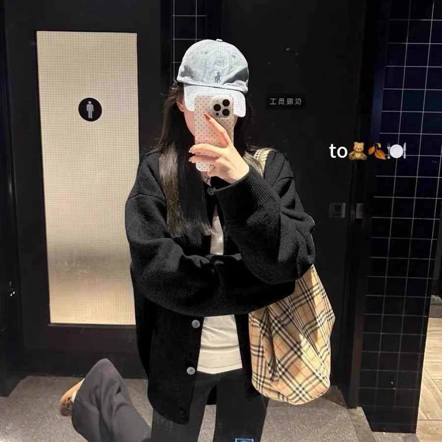 ST-852韩系慵懒风纯色针织开衫女秋冬高级感毛衣外套宽松软糯上衣