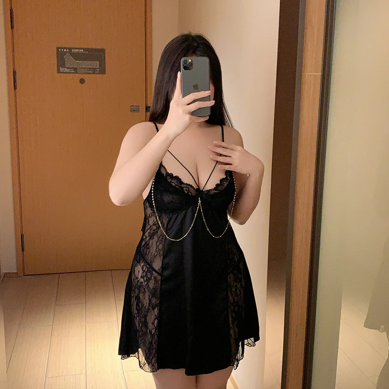 大码性感蕾丝吊带睡裙家居服冰丝薄款睡衣纯欲风珠链睡裙夏