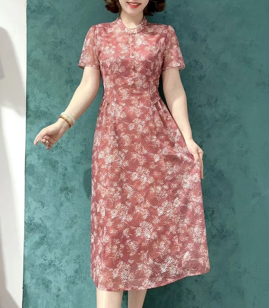 D 1358#优雅气质妈妈装夏季舒适柔软薄款弹力透气显瘦连衣裙