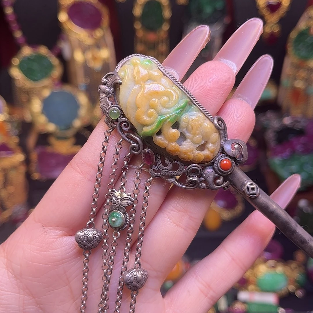 翡翠银S925镶嵌颈饰发簪