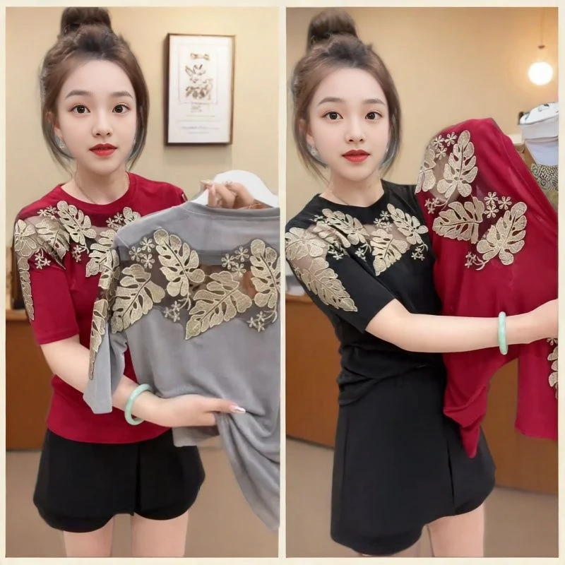 新款夏季短袖上衣薄款植物花卉刺绣拼接修身减龄打底衫遮肚子洋气