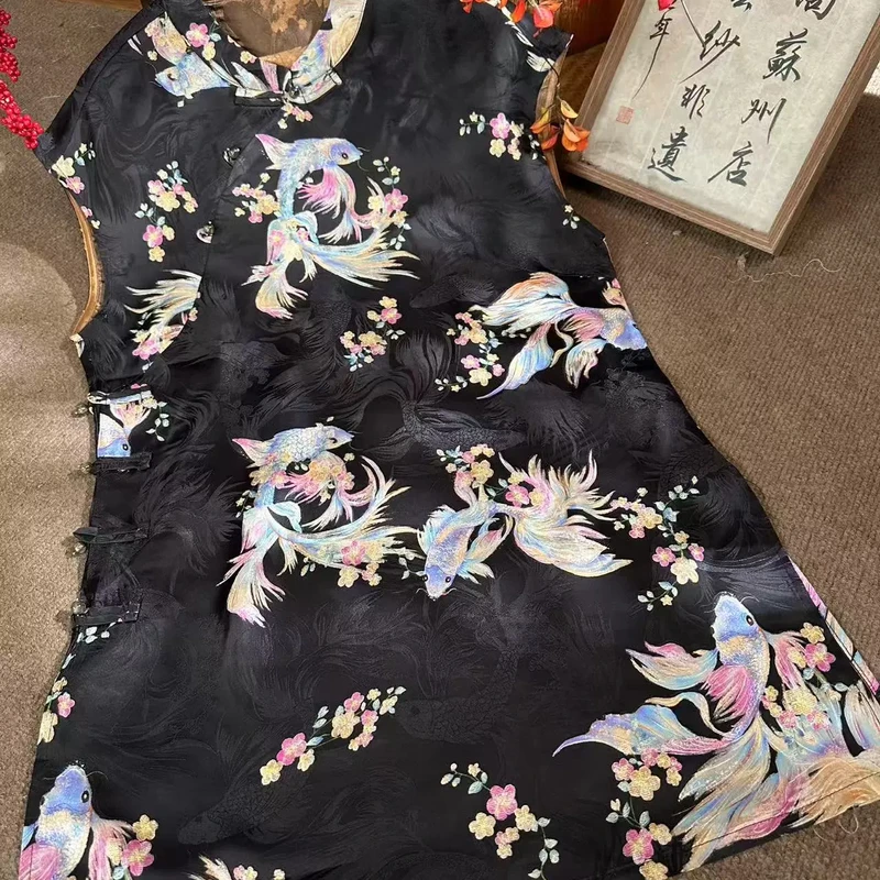夏季新款新中式国风斜襟花开富贵奥黛彩色锦鲤提花二大衫上衣