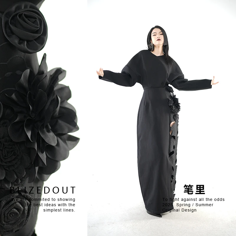 笔里【BLIZEDOUT】原创设计5112905黑色绣花刺绣镂空修身显瘦连衣裙