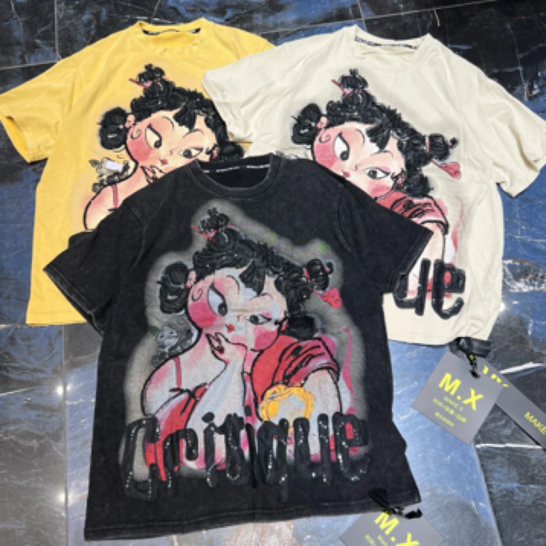 C51夏季新款重工洋气卡通短袖T恤女宽松大版上衣