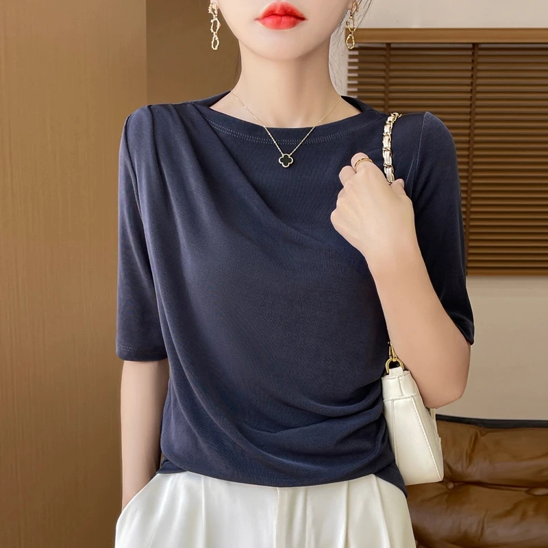 三醋酸垂感缎面短袖t恤女一字领褶皱宽松薄款气质半袖上衣