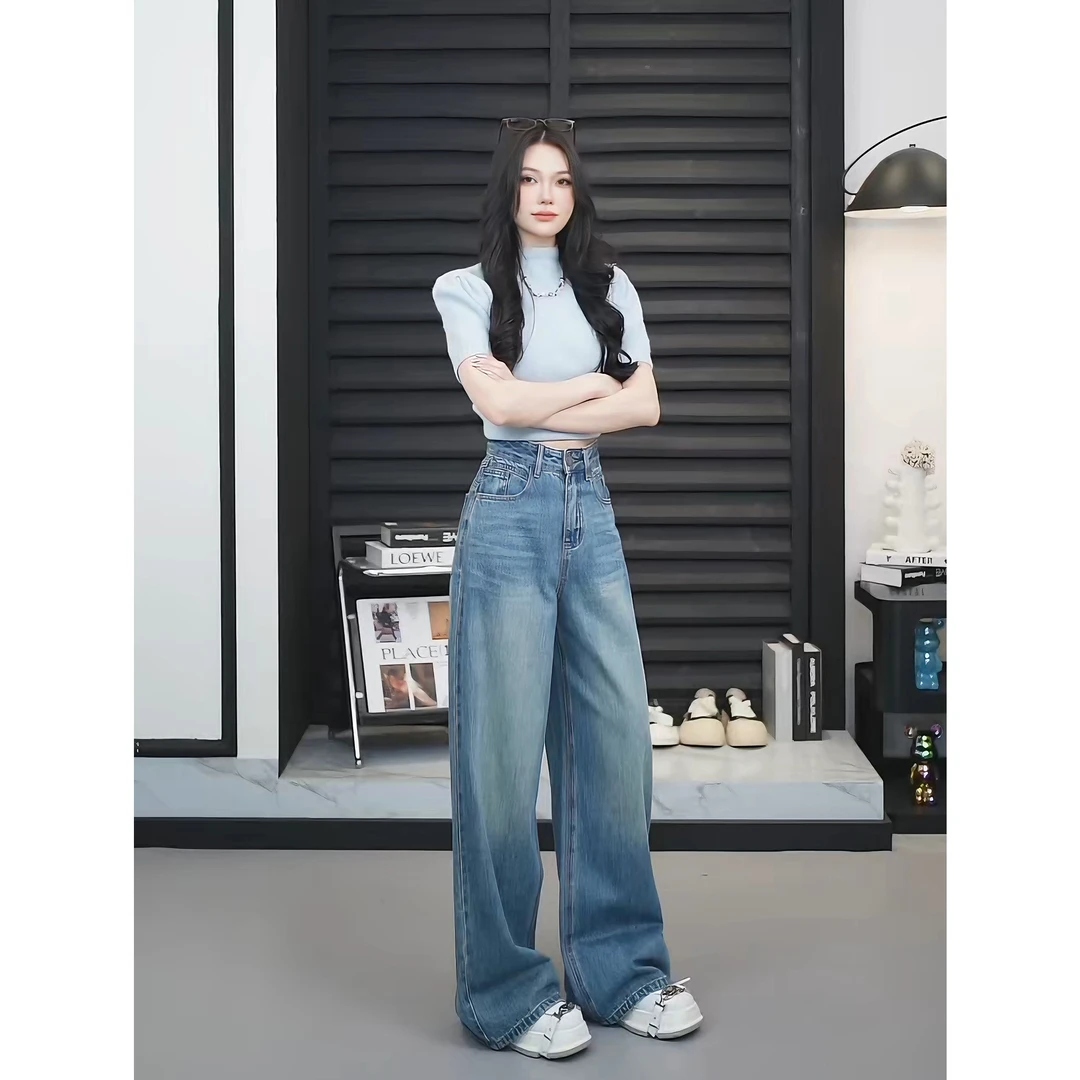 【TO&HR.GIRL】BE956Q夏季水洗浅蓝休闲牛仔裤百搭高腰直筒阔腿女装