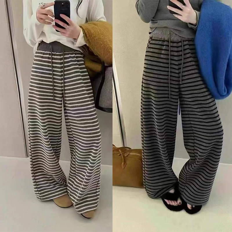 日韩系拼接松紧高腰细条纹阔腿裤女早春宽松弛感拖地直筒休闲卫裤