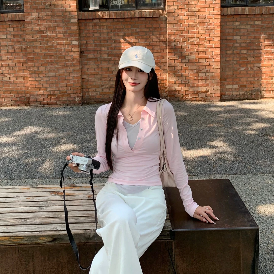 3MER 美式撞色V领polo领假两件长袖T恤女秋季内搭打底上衣