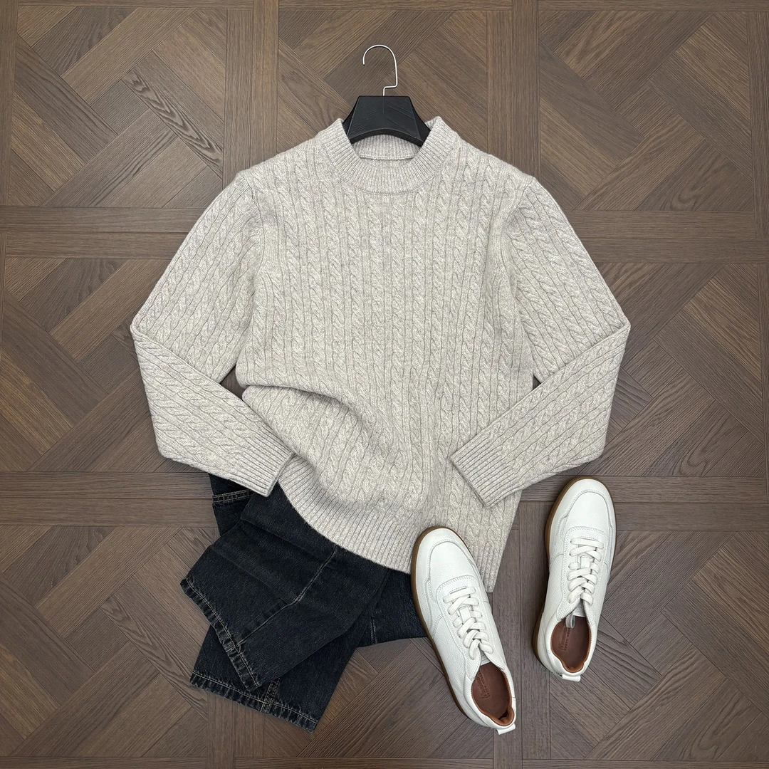 LANSIM·老钱风100%绵羊毛绞花针织衫男士秋冬季重磅打底毛衣衫