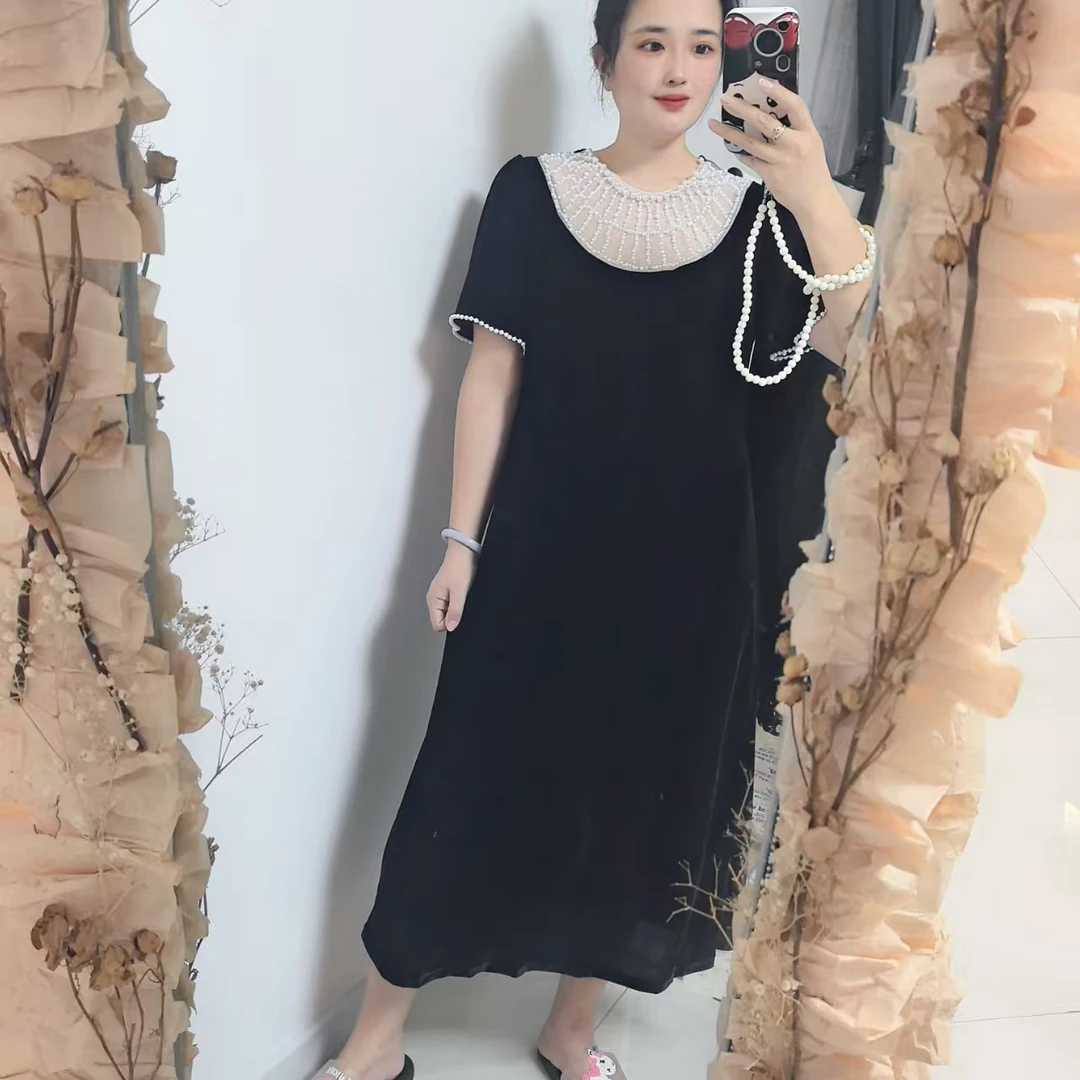 大码女装2025秋季新款时尚法式钉珠圆领丝绒连衣裙气质显瘦裙子