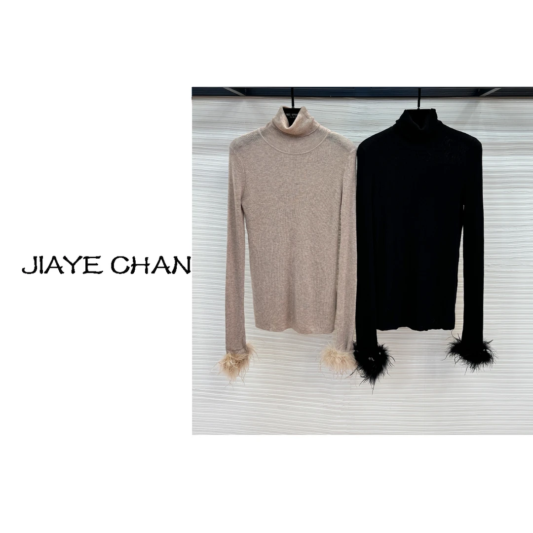 【西西高定】新款高领袖口毛毛长袖打底上衣