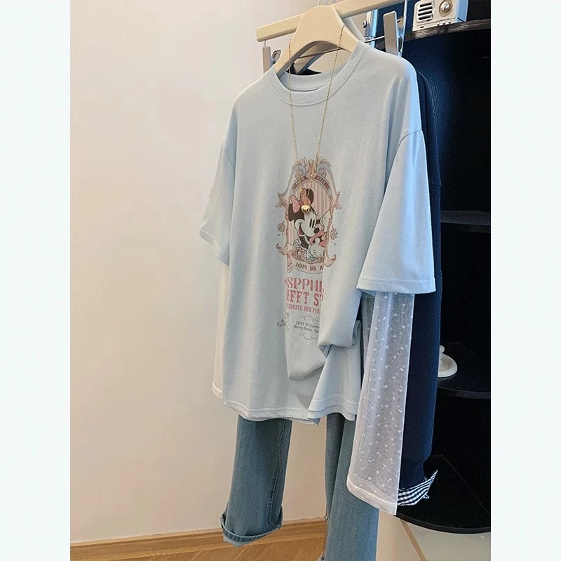 胖mm大码240斤蕾丝网纱拼接长袖t恤女2025夏季韩系假两件独特上衣