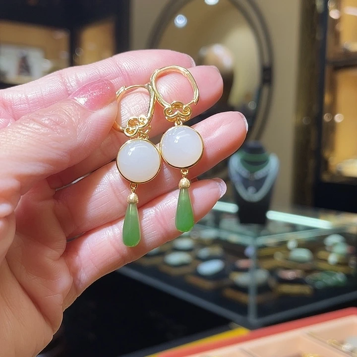 银S925镶嵌和田玉耳饰多戴款