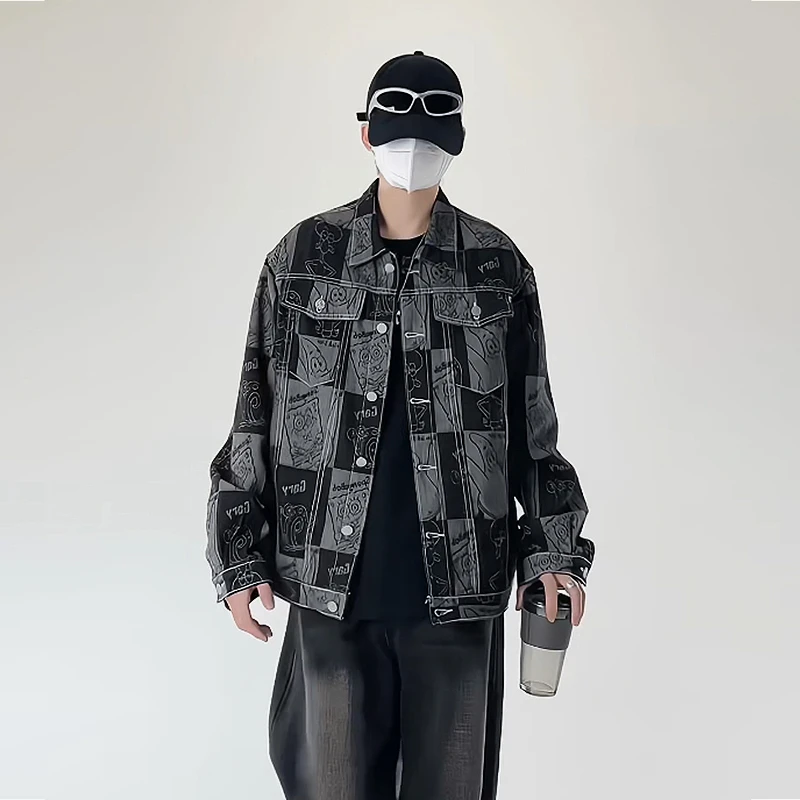 收口袖格子翻领春季几何拼接夹克休闲牛仔外套复古百搭情侣潮痞帅