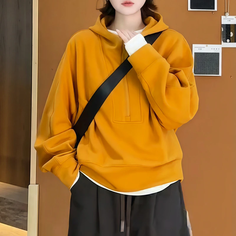 美式复古纯色半拉链连帽卫衣女秋季新款宽松慵懒风休闲百搭上衣潮