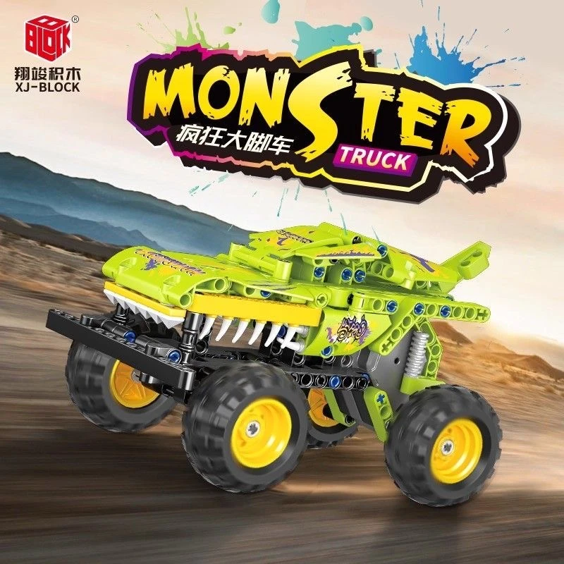 疯狂大脚车丛林巨鳄越野赛车双形态积木玩具带回力男孩机构礼物