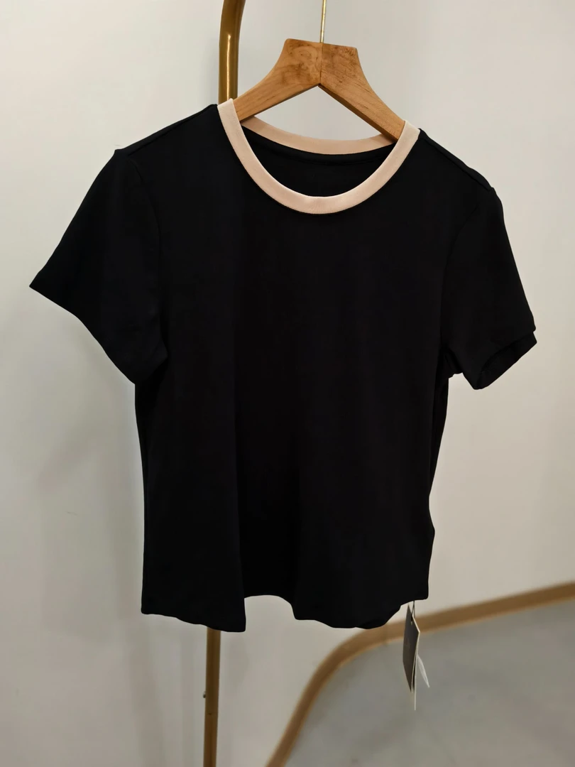 W1642女士透气打底T恤百搭圆领夏季短袖撞色简约