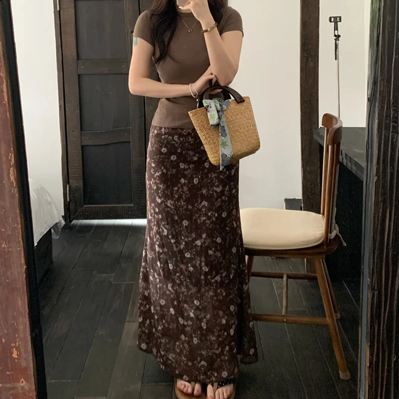 大码胖MM美式复古碎花半身裙女夏季新款圆领正肩短袖上衣两件套