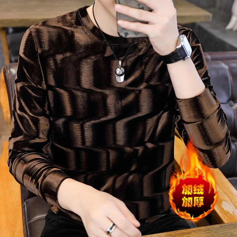 金丝绒男士卫衣圆领韩版秋冬季加绒加厚保暖上衣修身潮流商务休闲