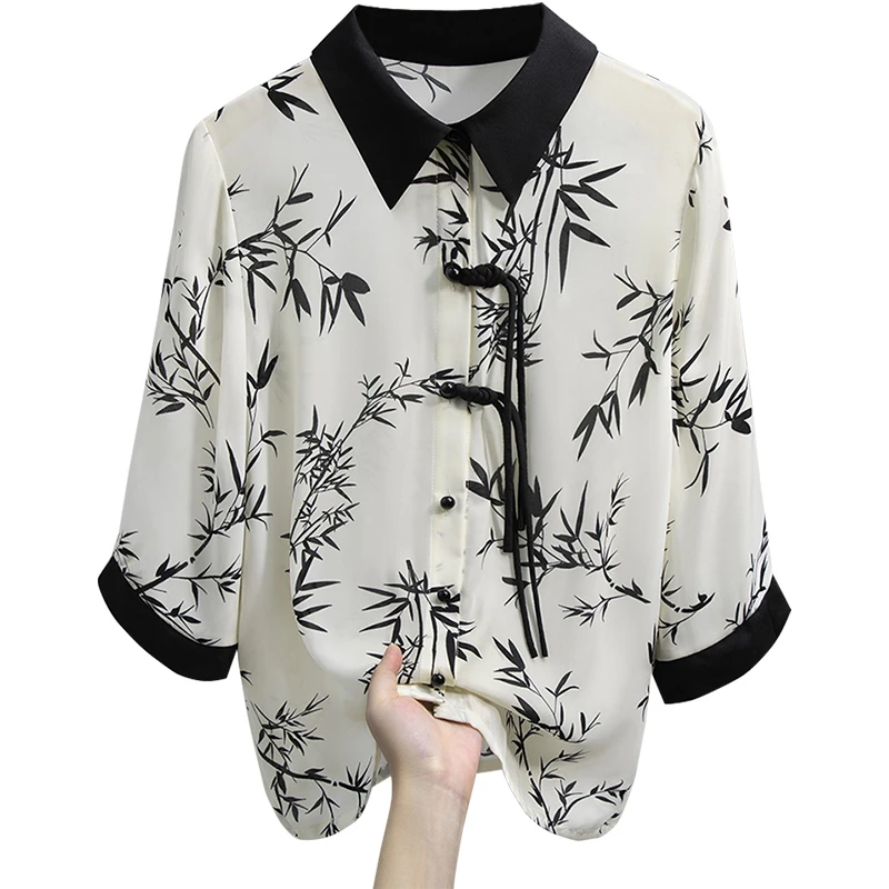 丝柏舍新中式衬衫2025春装新款女装印花翻领气质衬衣S51R0729C