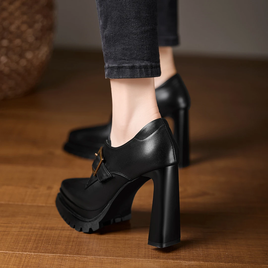 AACCK手工女鞋10.5CM防水台尖头高跟女秋季新款时尚黑色深口单鞋