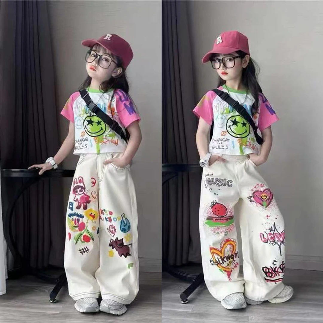 女童夏季套装2025新款潮中大童时髦短袖T恤甜酷女孩直筒裤两件套