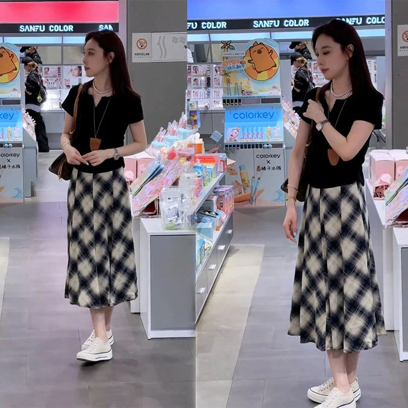 2025夏季巨好看一整套时尚高级感V领收腰短袖高腰半身裙两件套装