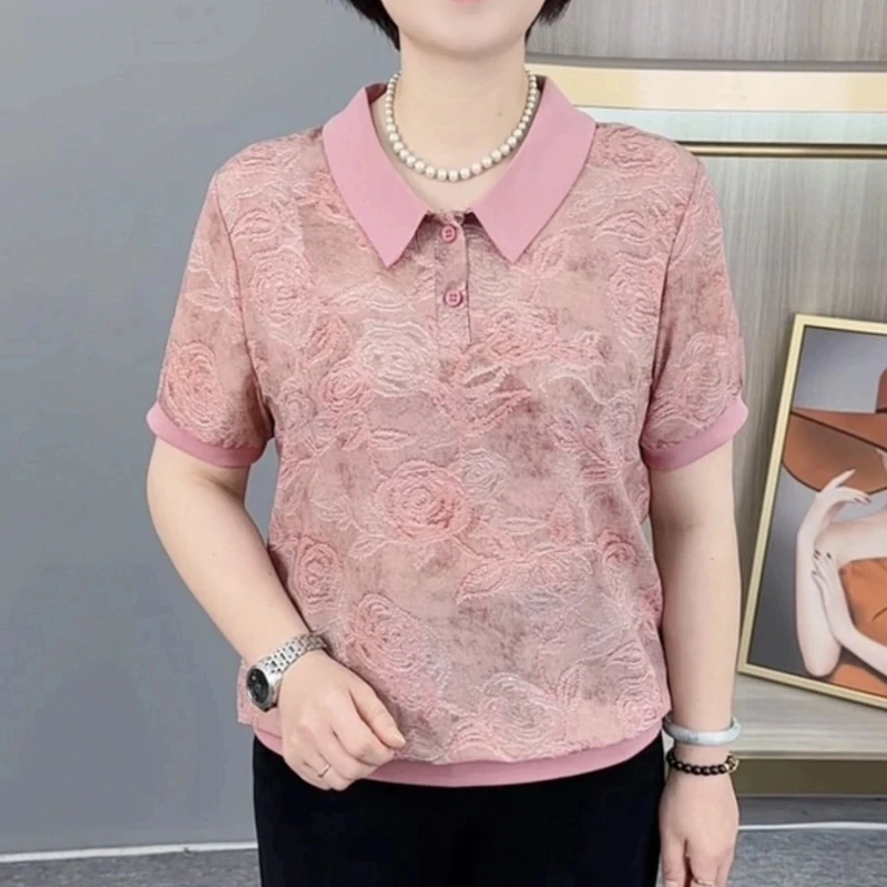 夏季新款时尚娃娃领洋气印花气质妈妈装宽松休闲百搭短袖上衣H131