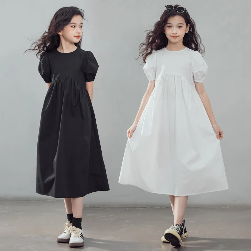 女童纯棉高腰连衣裙夏季女孩直筒白色短袖公主裙中大童泡泡袖长裙