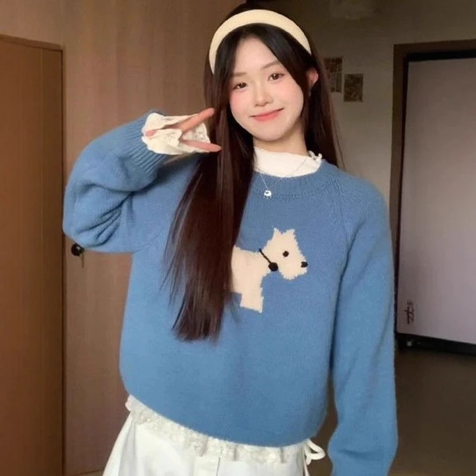 秋冬慵懒风毛衣女套头新款设计感小狗针织衫韩版显瘦甜妹ins上衣
