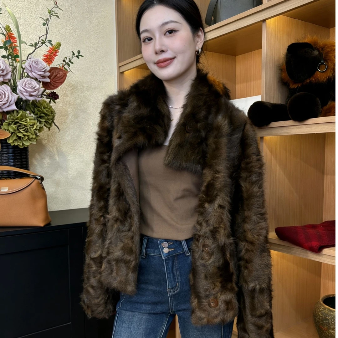 山.尔【雅慕棕】两面穿 稀缺小湖羊皮毛一体冬款外套