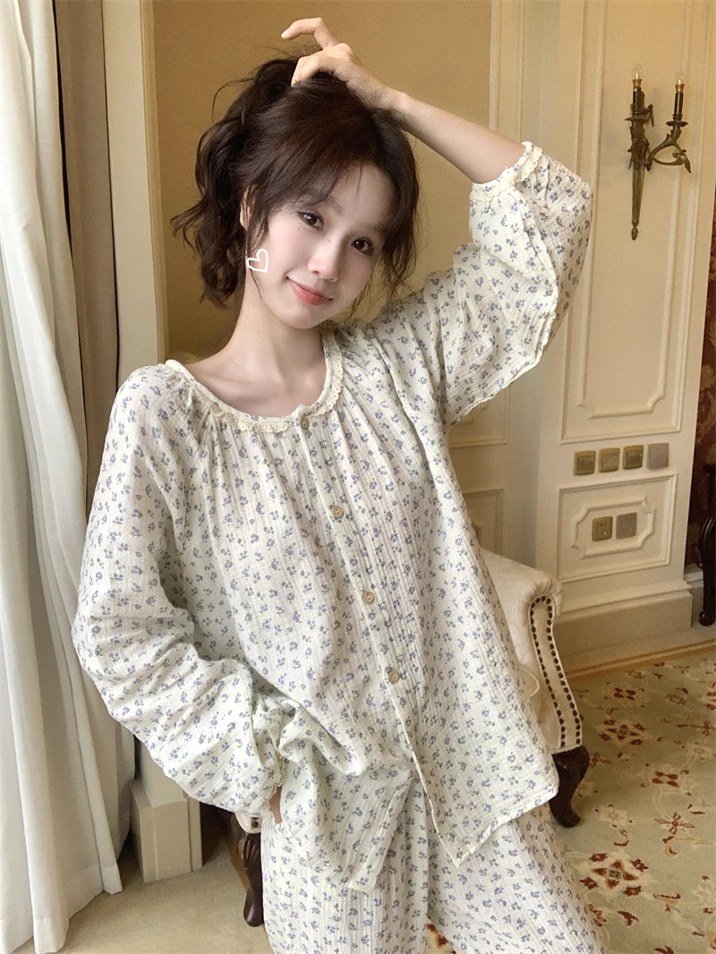 甜美可爱蕾丝花边蓝色碎花棉纱睡衣女套装秋季新款长袖长裤家居服