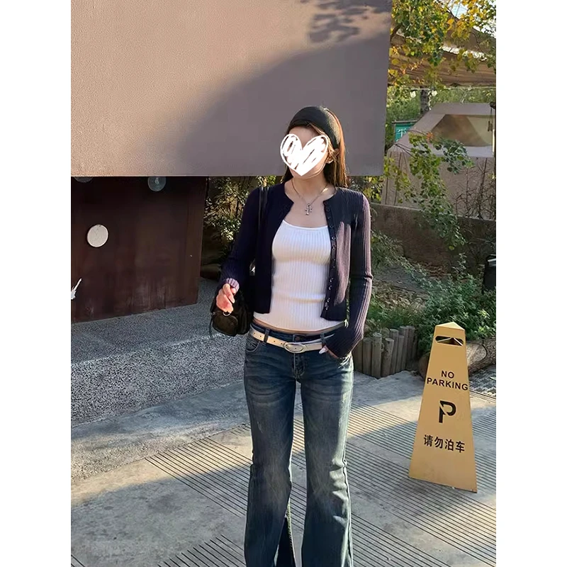 藏青色针织吊带开衫女春季两件套vintage修身显瘦辣妹短款上衣潮