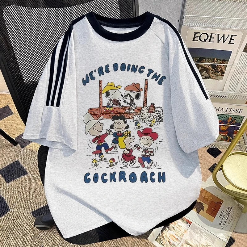 夏季美式印花纯棉百搭白灰色t短袖可爱卡通动画撞色三条杠恤上衣