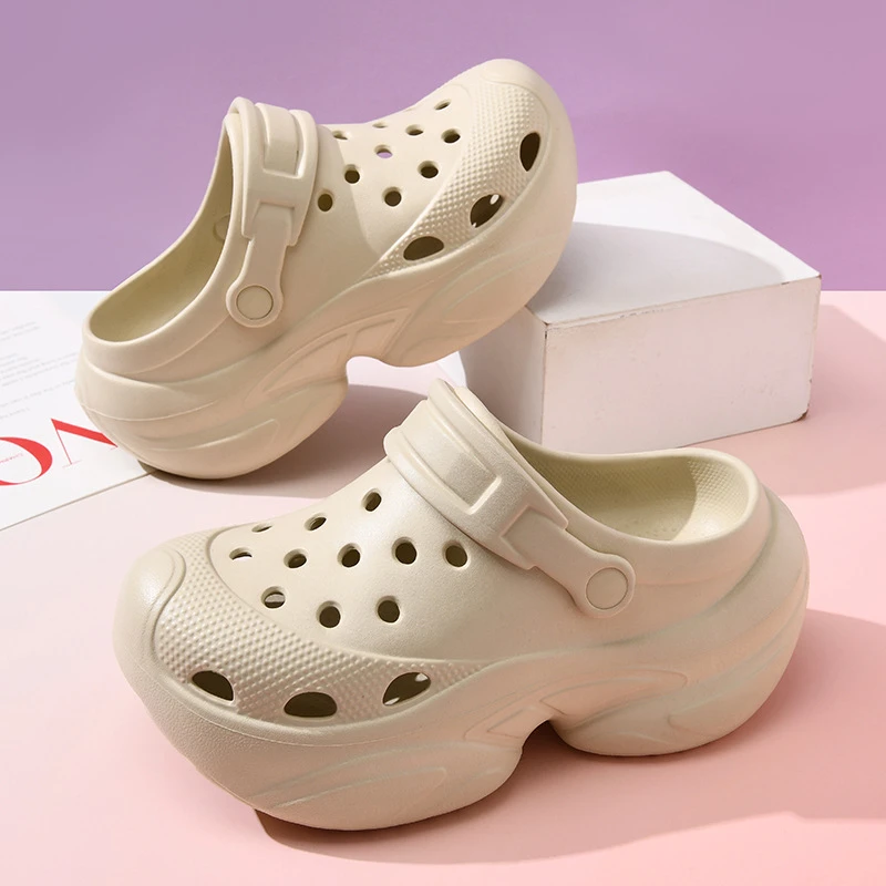 厚底增高洞洞鞋人气女款外穿办公室防滑透气包头半拖eva高跟拖鞋