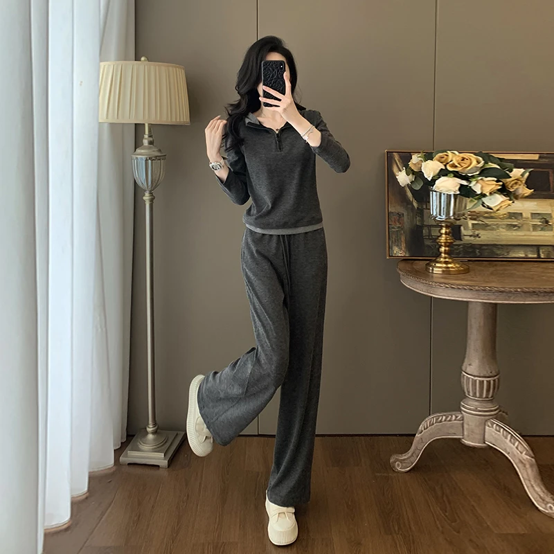 网红炸街爆款2025秋季新款洋气灰色上衣阔腿裤休闲运动两件套女