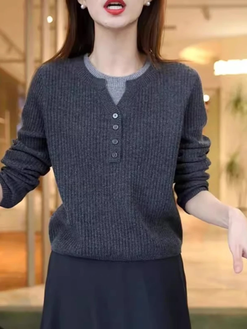 秋冬新款圆领假两件针织衫女修身显瘦时尚打底衫毛衣保暖加厚上衣