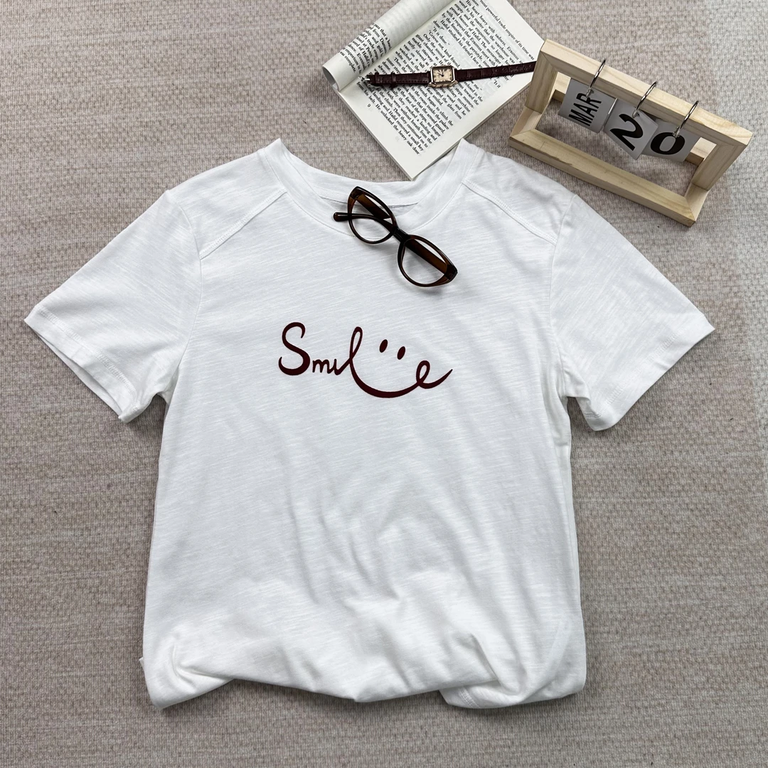 简约圆领笑脸图案宽松百搭短袖T恤25 68658