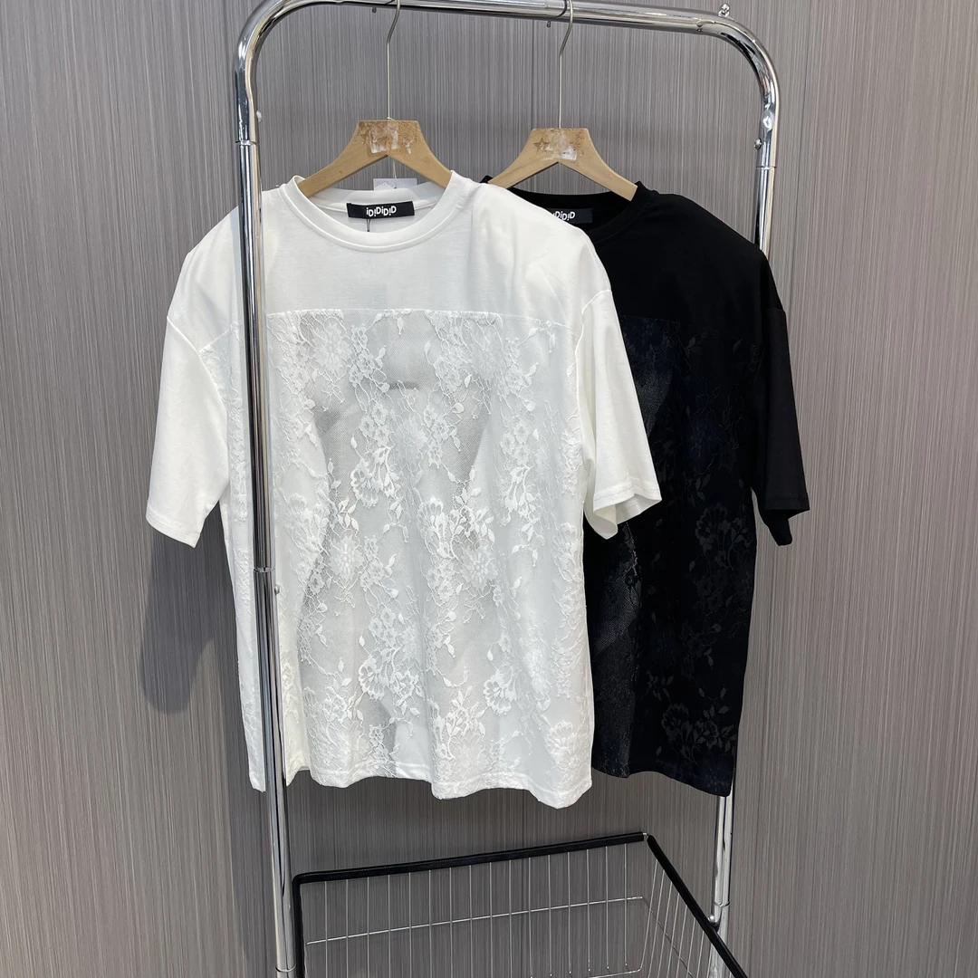 蕾丝镂空美式印花上衣22022