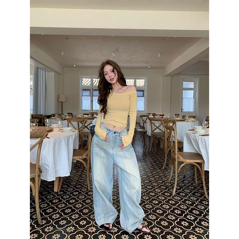 美式复古时尚洋气高级感露肩长袖T恤百搭上衣高腰休闲直筒裤套装
